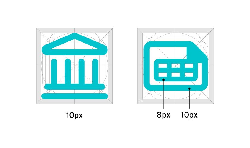 10pxの線で構成されたアイコン、8pxと10pxの線で構成されたアイコン